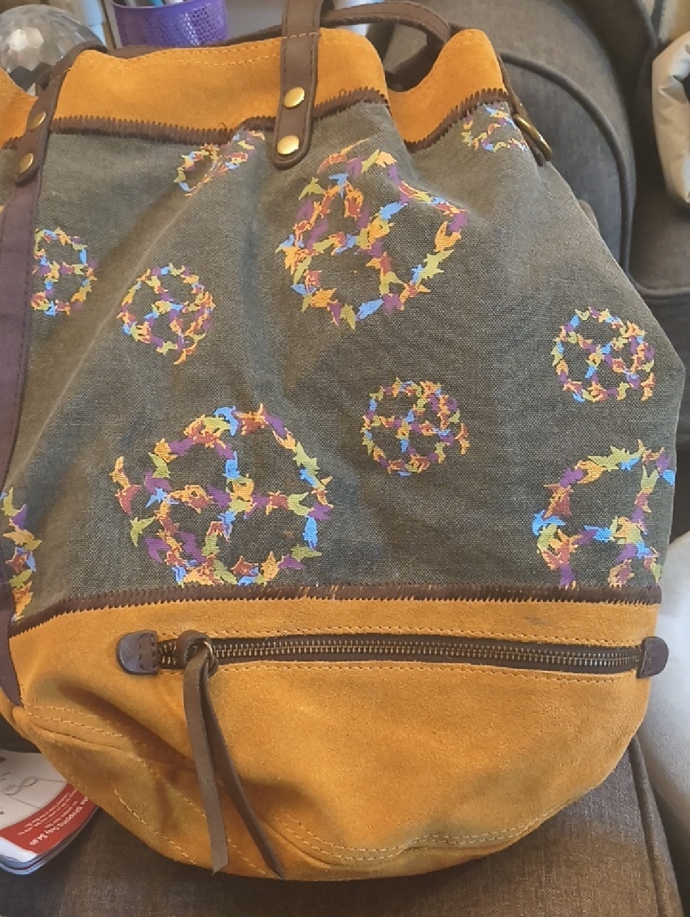Women’s Multicolor Canvas & Tan Suede Tote Bag